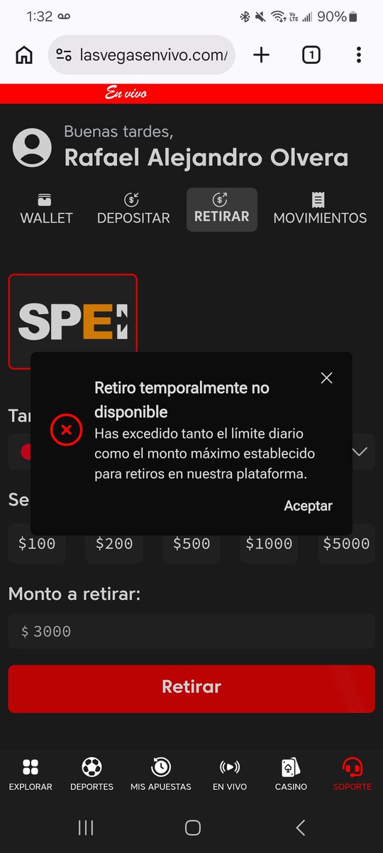 Rafafafa97's tweet photo. @lasvegasenvivo Desde ayer trato de retirar y no me deja, su app no sirve, tengo que entrar de mi servidor, su atención a clientes no funcionas, necesito una respuesta urgente con los retiros https://t.co/kPKp4DY7WW