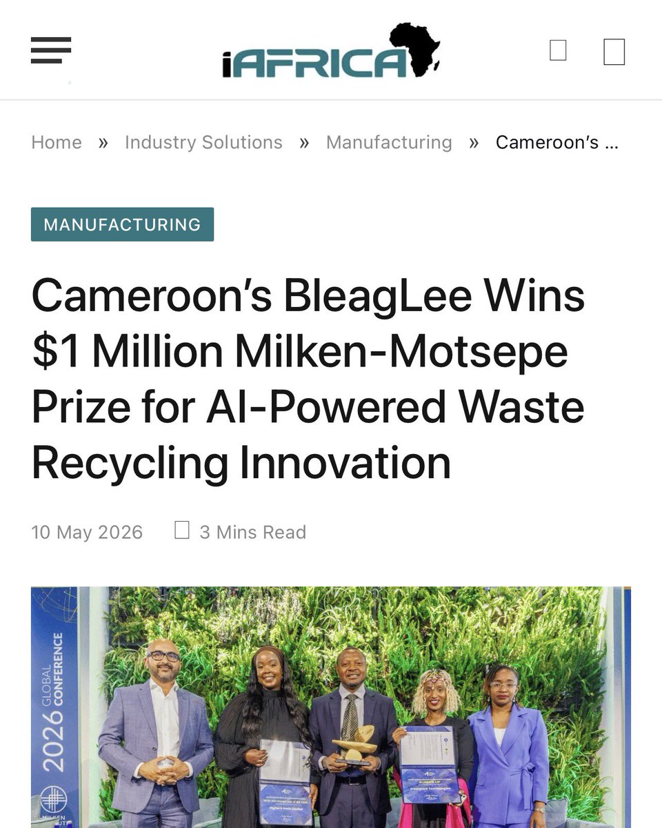 mbeatowe's tweet photo. Congratulations: Cameroon-based AI-powered waste recycling company BleagLee has been named the $1 million grand prize winner of the Milken-Motsepe Prize in AI and Manufacturing, the Milken Institute and Motsepe Foundation announced at the Milken Institute Global Conference in Los Angeles.
-
Source: https://t.co/Vtj2LzGkPM