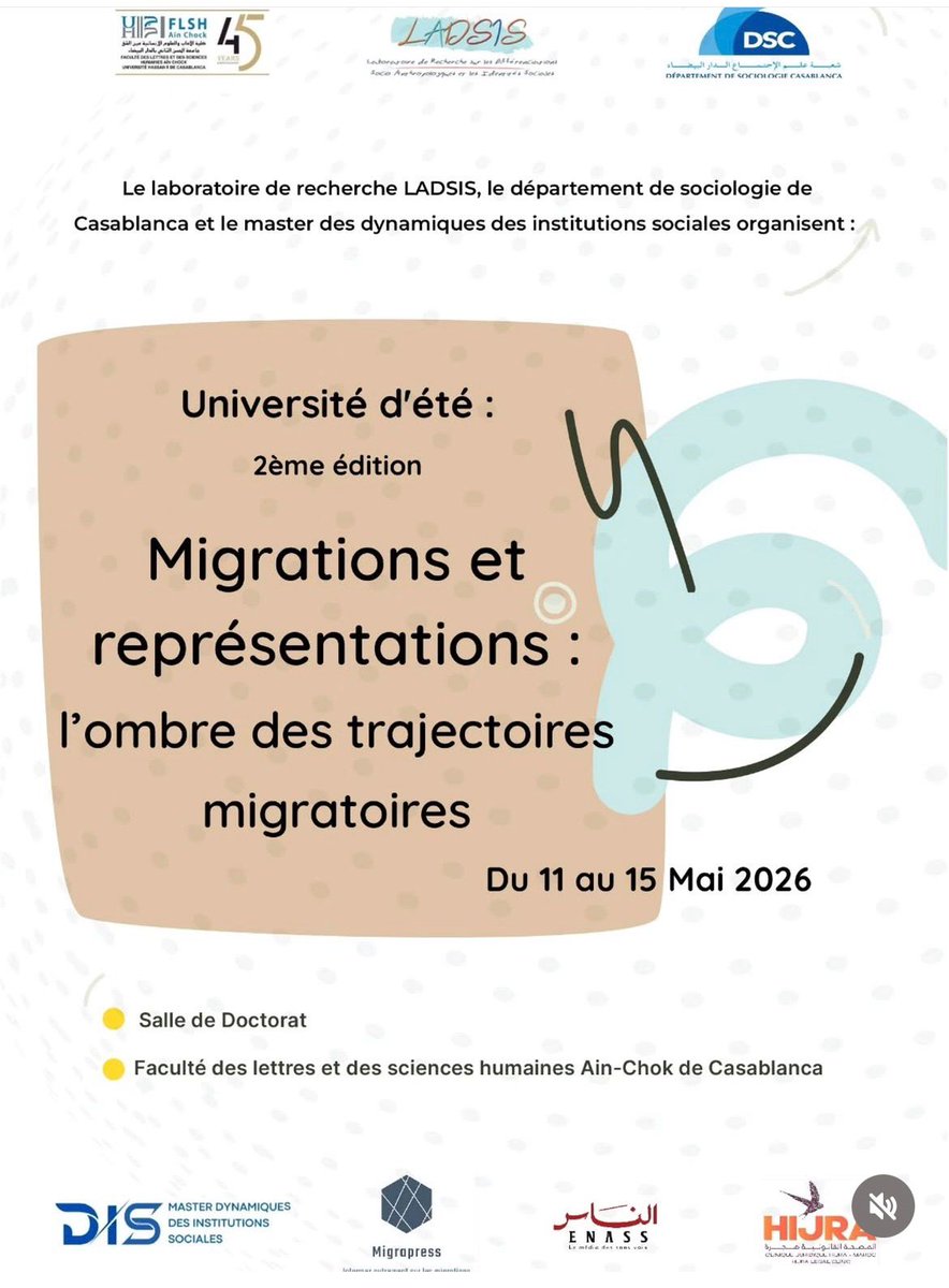 EnassMedia's tweet photo. ENASS est ravi d'être partenaire de cette rencontre scientifique sur le thème des "Migrations et représentations: L'ombre des trajectoires migratoires" prévue du 11 au 15 mai organisé par le laboratoire de recherche LADSIS affilié à l'Université Hassan II.
#ENASS #RMJM #LADSIS https://t.co/ASju84S4Yu