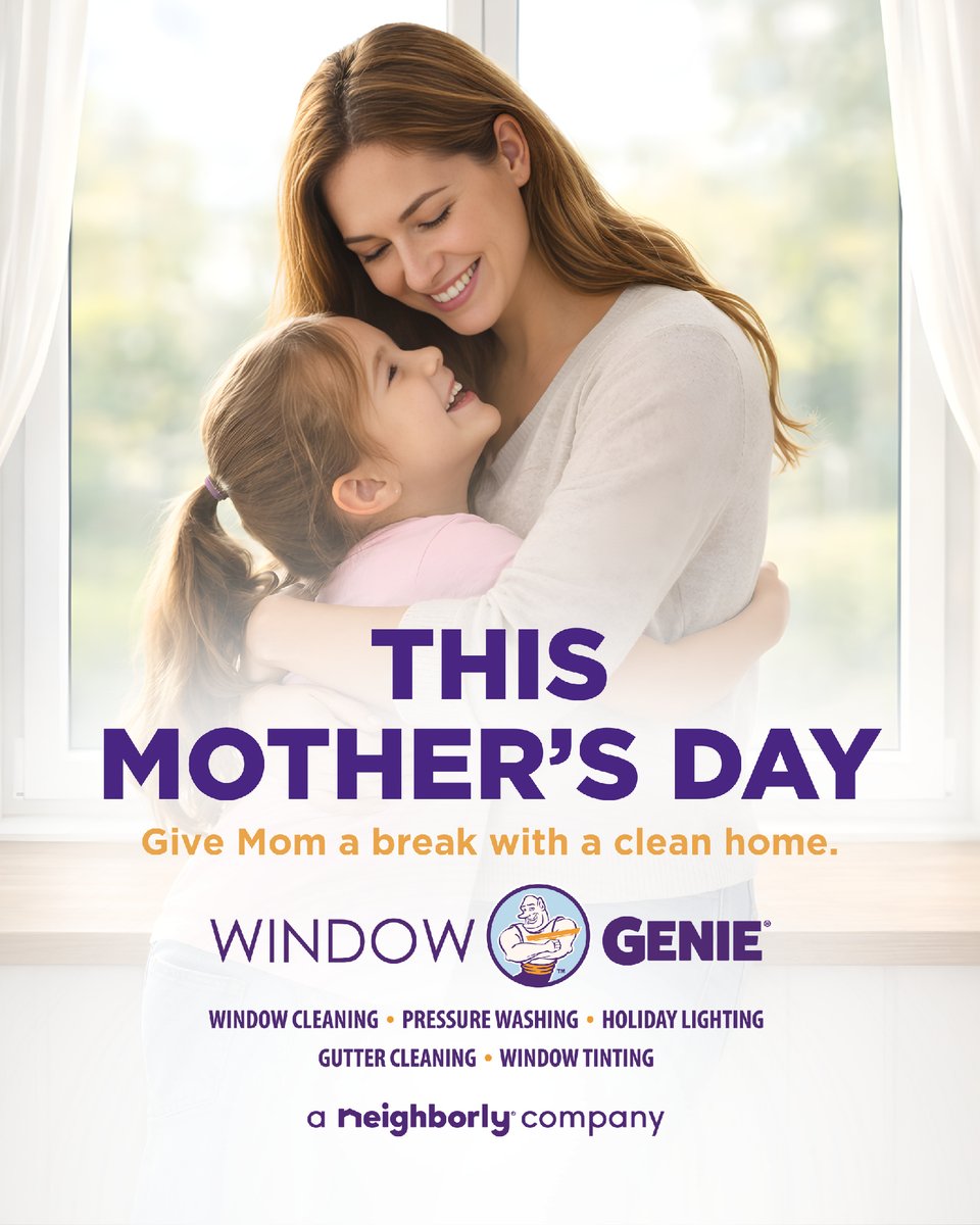 TheWindowGenie's tweet photo. This Mother’s Day, give Mom a break. 💐

Let Window Genie® take care of the cleaning so she can spend more time enjoying a home that feels calm, clean, and taken care of.

#WindowGenie #Neighborly #MothersDay #HomeCare #SpringCleaning https://t.co/2u7XFbMynt