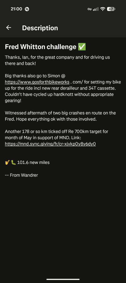 send2dan's tweet photo. Fred Whitton challenge ✅ 

Big thanks also go to Simon @ https://t.co/iB9sKGHgod for setting my bike up for the ride 

Another 178 or so km ticked off Re 700km target for month of May in support of MND. Link: https://t.co/gftptsjMlt

🎷🐛 101.6 new miles

-- From Wandrer https://t.co/l1jze1rRN9