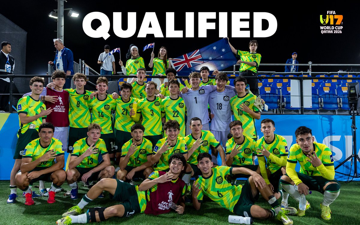FootballAUS's tweet photo. QUALIFIED: The CommBank #Joeys are going to the FIFA U-17 World Cup Qatar 2026™! 🏆🇶🇦✅🙌

It will be the team's first appearance at the tournament since 2019 after Uzbekistan defeated India at the #AFCU17 Asian Cup™ Saudi Arabia 2026. https://t.co/zEBkrCr81J