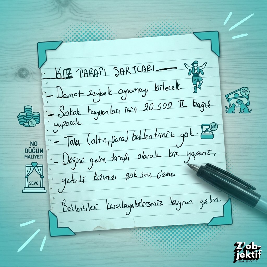 Zobjektif1's tweet photo. Manisa’da görücü usulü kız istemeye giden adama, gelin adayının annesi tarafından not verildi:

— "Damat zeybek oynamayı bilecek.''
— "Sokak hayvanları için 20.000 TL bağış yapılacak.''
— "Takı beklentimiz yok."
—"Düğünü gelin tarafı olarak biz yaparız, yeter ki kızımızı üzme." https://t.co/VZcTYLb3Hm