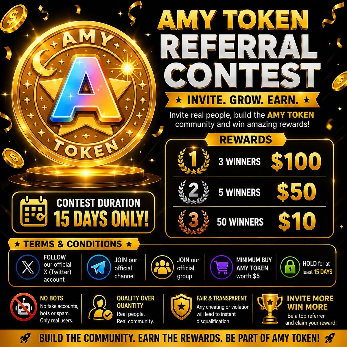 amynext2pay's tweet photo. 🚀 AMY TOKEN REFERRAL CAMPAIGN IS LIVE 🔥

Invite. Grow. Earn.

Bring real supporters into the AMY TOKEN community and get rewarded for your effort.

🏆 Rewards Pool

🥇 3 Winners — $100 each
🥈 5 Winners — $50 each
🎉 50 Winners — $10 each

📌 Terms &amp; Conditions https://t.co/tz94XUZpXS