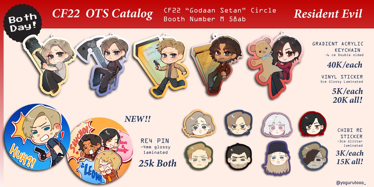 Yogurutooo_'s tweet photo. [ 🔁 and ❤️ appreciated!]  
Yogurutooo_’s #CF22 OTS catalog ✨

🗓️ Both days 16-17 Mei
📌 Table no M-58 ab “Godaan Setan”
👾 Resident Evil, Smiling Friends, Yakuza

#comifuro22 #comifuro22catalog #comifuro22catalogue #cf22catalog https://t.co/SLfoS5OcVO