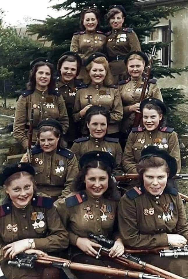 Female Soviet snipers of the 3rd Shock Army, 1st Belorussian Front, WW2.

Together, the women in this single photo account for 775 confirmed enemy casualties. Had Lyudmila Pavlichenko been present in the photo, that number would have been bumped up to 1,083.

When Pavlichenko was