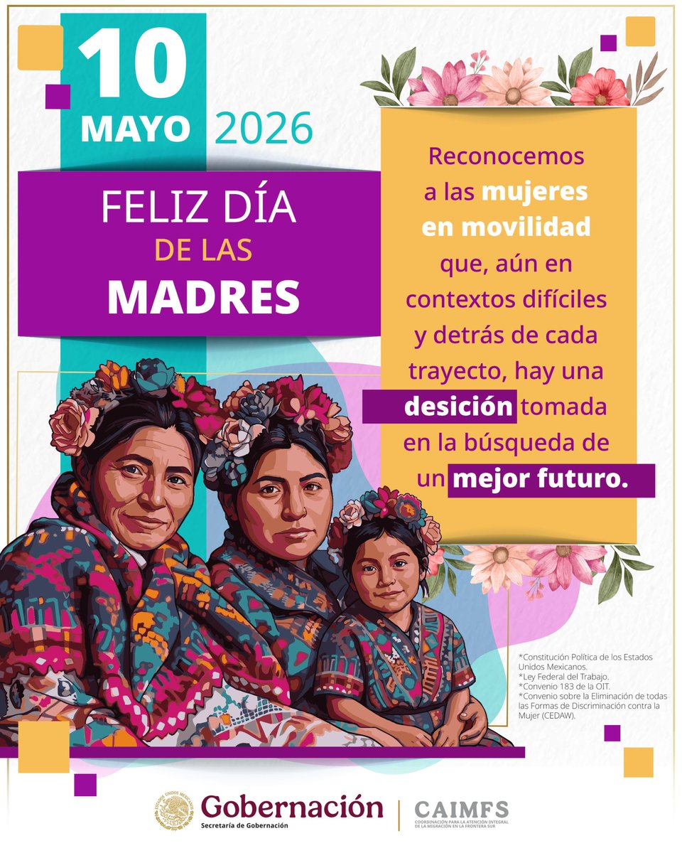 Hazaelruizo's tweet photo. Este #DíaDeLasMadres desde la Coordinación para la Atención Integral de la Migración en la Frontera Sur (#CAIMFS), reconocemos y nos solidarizamos con todas las madres que se encuentran en contexto de movilidad buscando un mejor futuro para sus hijas e hijos, particularmente con aquellas en territorio de la #FronteraSur de nuestro país.

@rosaicela_ @arturomedinap @SEGOB_mx