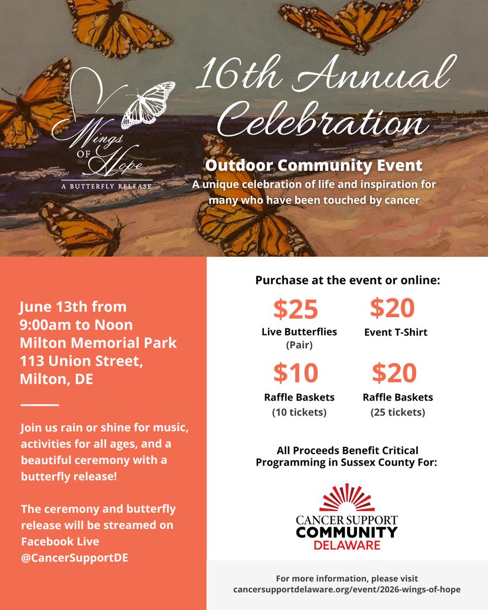 CancerSupportDE's tweet photo. Happy Mother’s Day! On June 13th, from 9:00am to noon, join us at Milton Memorial Park for the 16th Annual Wings of Hope Event. Thank you to our presenting sponsors, Incyte, and Cape Henlopen Elks Lodge.

Learn more and purchase butterflies and t-shirts at: https://t.co/L56z8hYTU1

#CSCDE
#CancerSupport
#CancerAwareness
#CancerCommunity
#MentalHealthAwareness