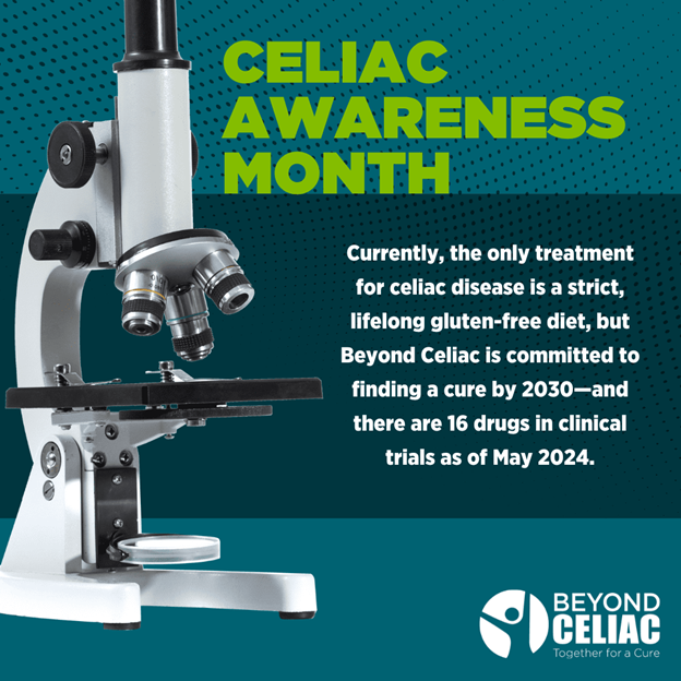 CHCSga's tweet photo. May is Celiac Awareness Month! 🌾 Currently, the only treatment for celiac disease is a strict gluten-free diet. But there’s hope—Beyond Celiac is working toward a cure by 2030, with 16 drugs in clinical trials. 💚 #GPCA #CHCS #CeliacAwarenessMonth https://t.co/PCvKas8yJB