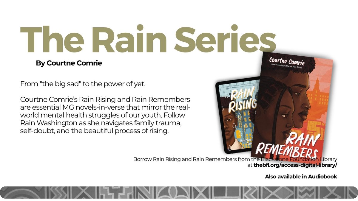 BlackStnLibrary's tweet photo. In Courtne Comrie (@courtnecomrie)'s powerful series, Rain Rising and Rain Remembers, 13-year-old Rain navigates "the big sad" after a family trauma. It’s a vital mirror &amp; window for youth learning to talk about mental health and the courage to rise. https://t.co/U7evTIjxtL
