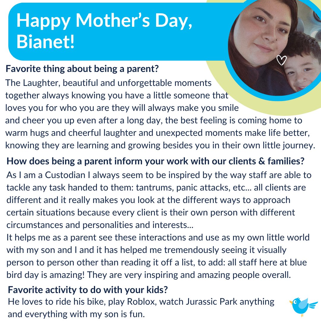 BBDProgram's tweet photo. Happy Mother’s Day to all the incredible moms at Blue Bird Day! Today, we’re celebrating the amazing moms on our team who inspire us every day with their compassion, dedication, and love—both at work and at home. Thank you for everything you do to champion our community! 💙🌷 https://t.co/YuyXqSaORk