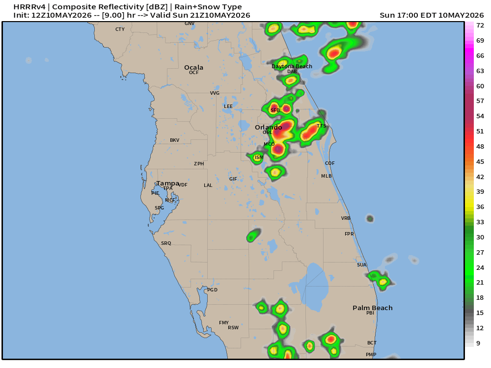 flimpct's tweet photo. Latest HRRR shows some nice cells moving through downtown Orlando between 4-5pm. Will need your umbrellas if your taking your mom out for dinner!
Happy Mothers Day!!
#WxUpdate
#FLWX π΄
#CentralFLWX
π‘βοΈβοΈ https://t.co/Sks9xgpsGm