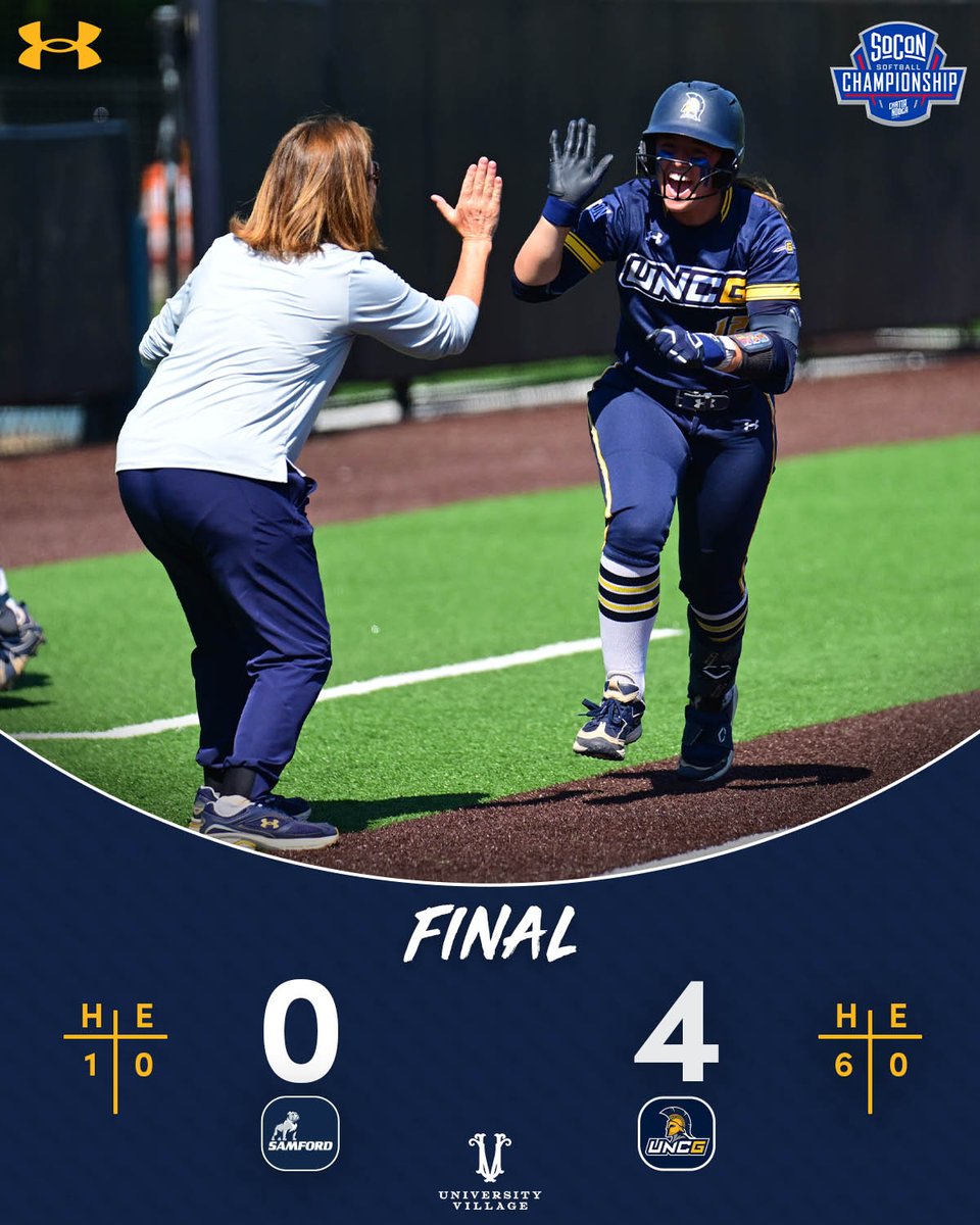 UNCGSoftball's tweet photo. VICTORY IS SWEET! 🤩

Spartans earn their 17th shutout, claiming the 2026 SoCon Championship and a ticket to the NCAA Tournament!

FINAL
UNCG - 4 
SAM - 0 
#letsgoG https://t.co/OJ0OdVFUua