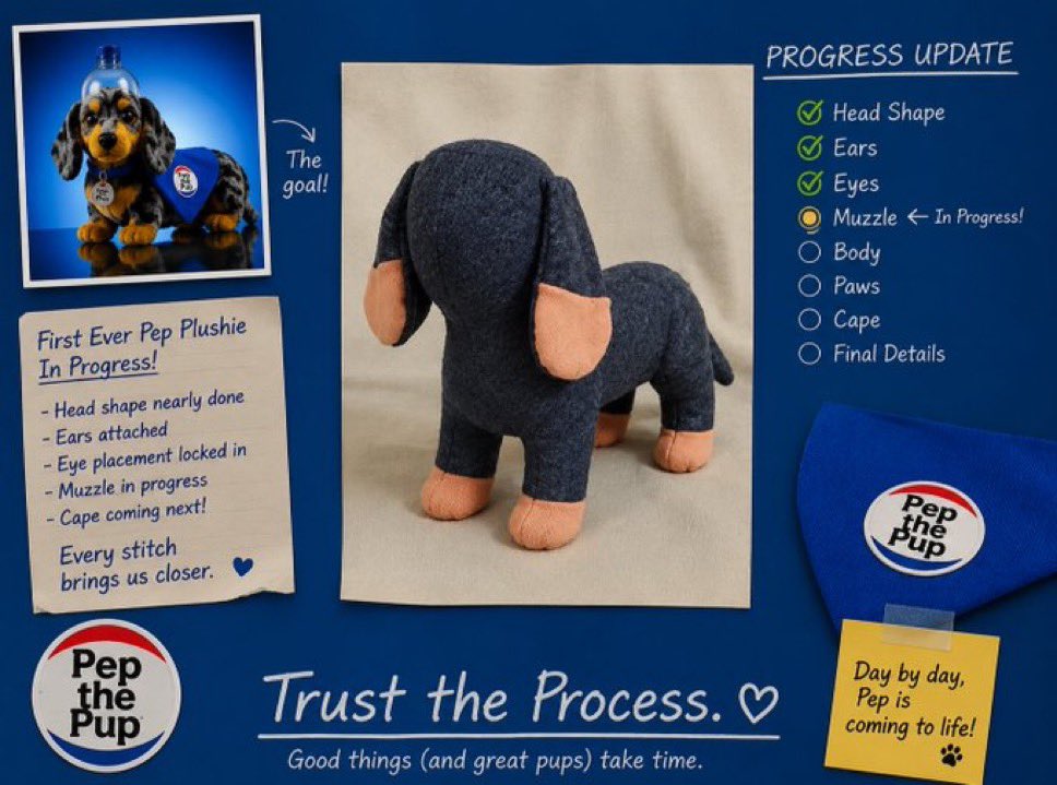 Smille_01's tweet photo. First Pep the Pup plushie update 
Head, ears &amp; eyes done muzzle next. No shortcuts, pure quality.
Trust the process. $PEP community, we’re getting huggable soon https://t.co/D4AC5C9FCt