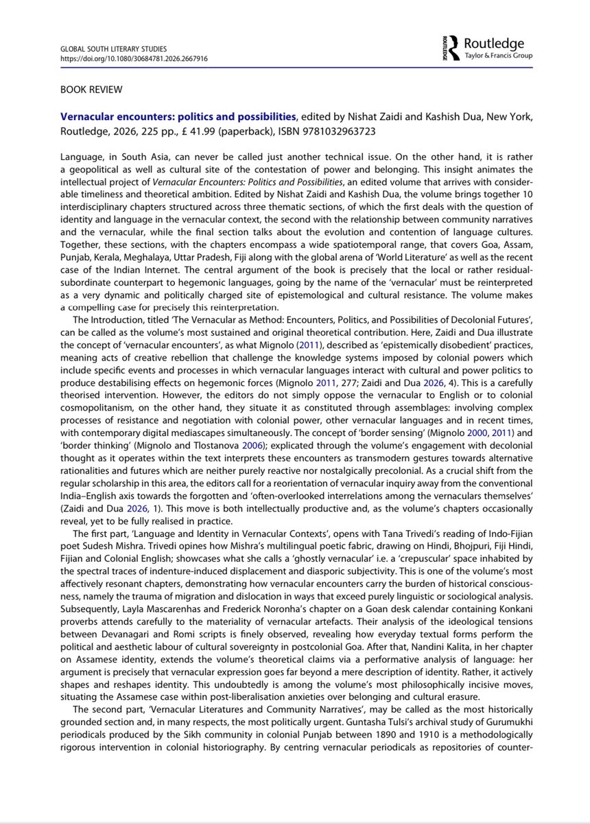 ProfNZaidi's tweet photo. Glad to share the first review of our book Vernacular Encounters (Routledge 2026) https://t.co/Nl6kZXhKo5