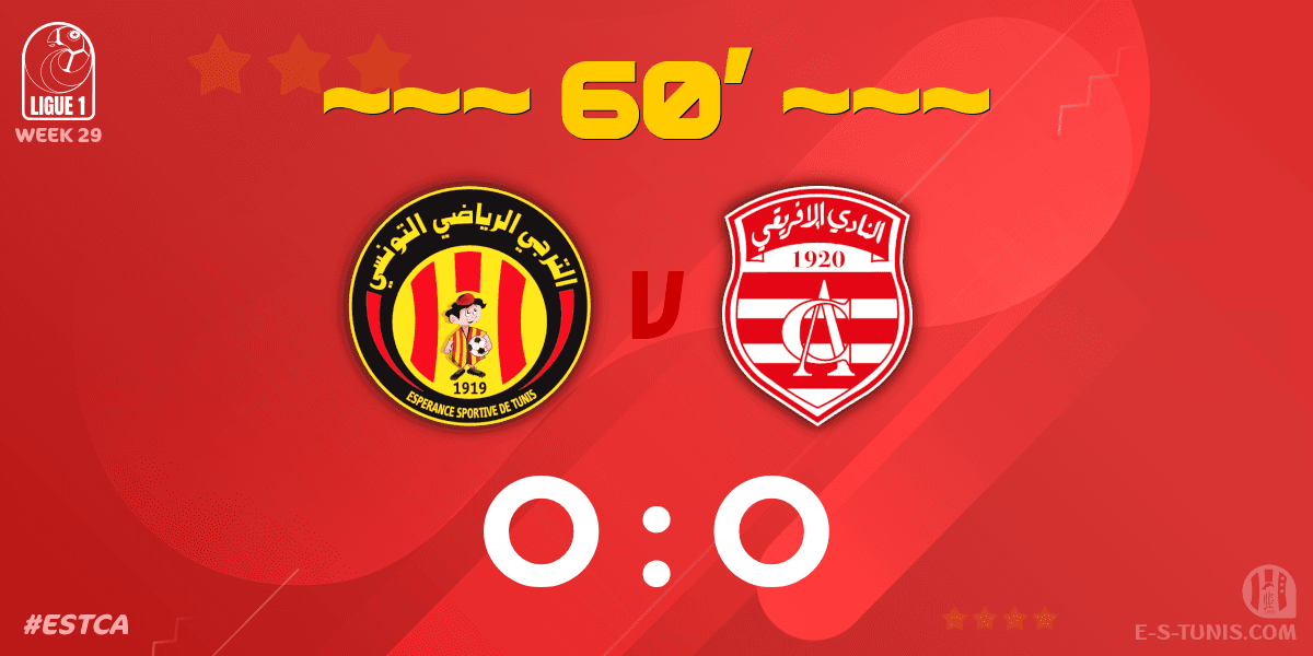 ESTuniscom's tweet photo. ⏱ 60' | #Ligue1Tn🇹🇳 Week 29 #ESTCA | @ESTuniscom 0⃣-0⃣ #ClubAfricain : Score reminder / تذكير بالنتيجة / Rappel du score https://t.co/uejSFHYs7m