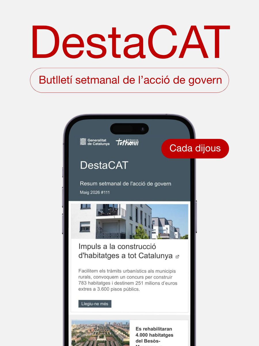 govern's tweet photo. Què hi trobaràs al #DestaCAT d'aquesta setmana?
🏘 Impuls a la construcció d’habitatges a tot Catalunya.
📌 Acord per a l’equiparació salarial al sector social.
👷♂️ Rècord d’ocupació amb 3,92 milions d’afiliats.
👉 T'ho expliquem a https://t.co/SrxzPDsY1T https://t.co/hEZLdz9dZM