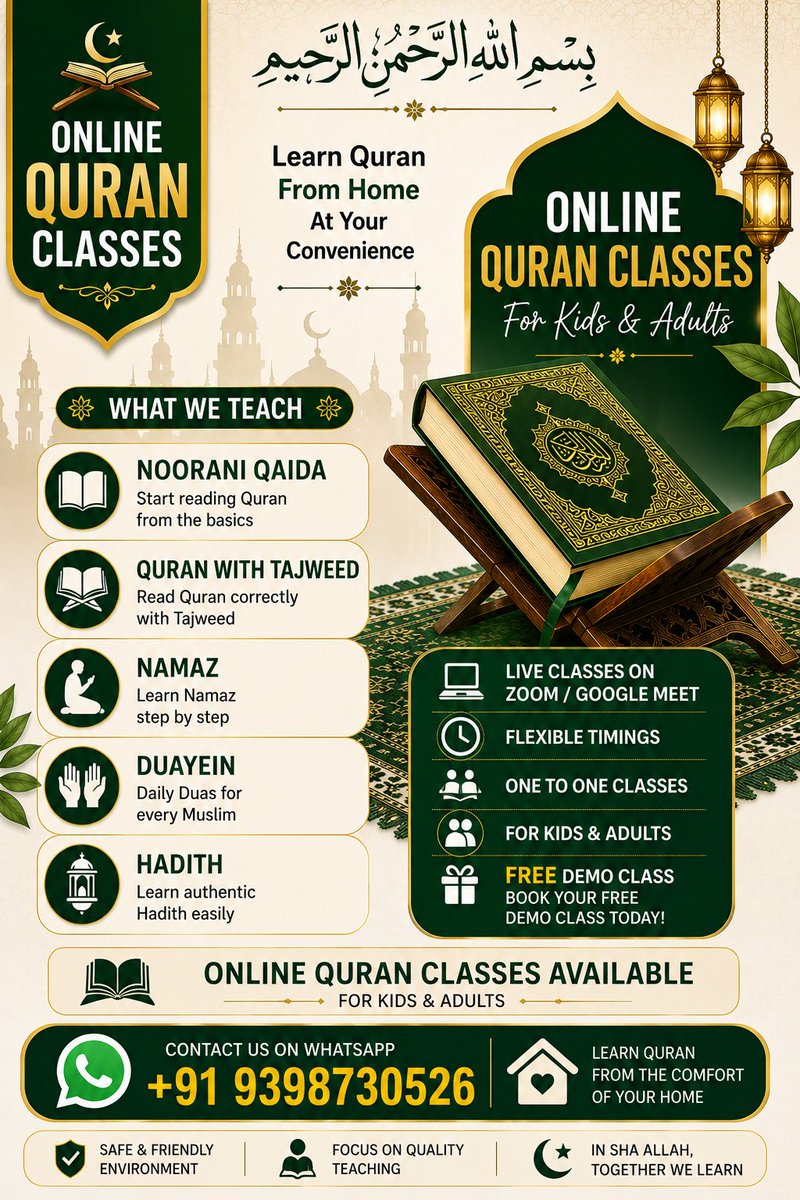 Smartbytelab's tweet photo. Assalamu Alaikum
I teach Quran online for kids and adults.
Classes include:
Noorani Qaida
Quran with Tajweed
Namaz
Duas
Hadees
Free demo class available.
WhatsApp: +91 9398730526
#onlinequran #quran #surah https://t.co/LLLgi01t2x