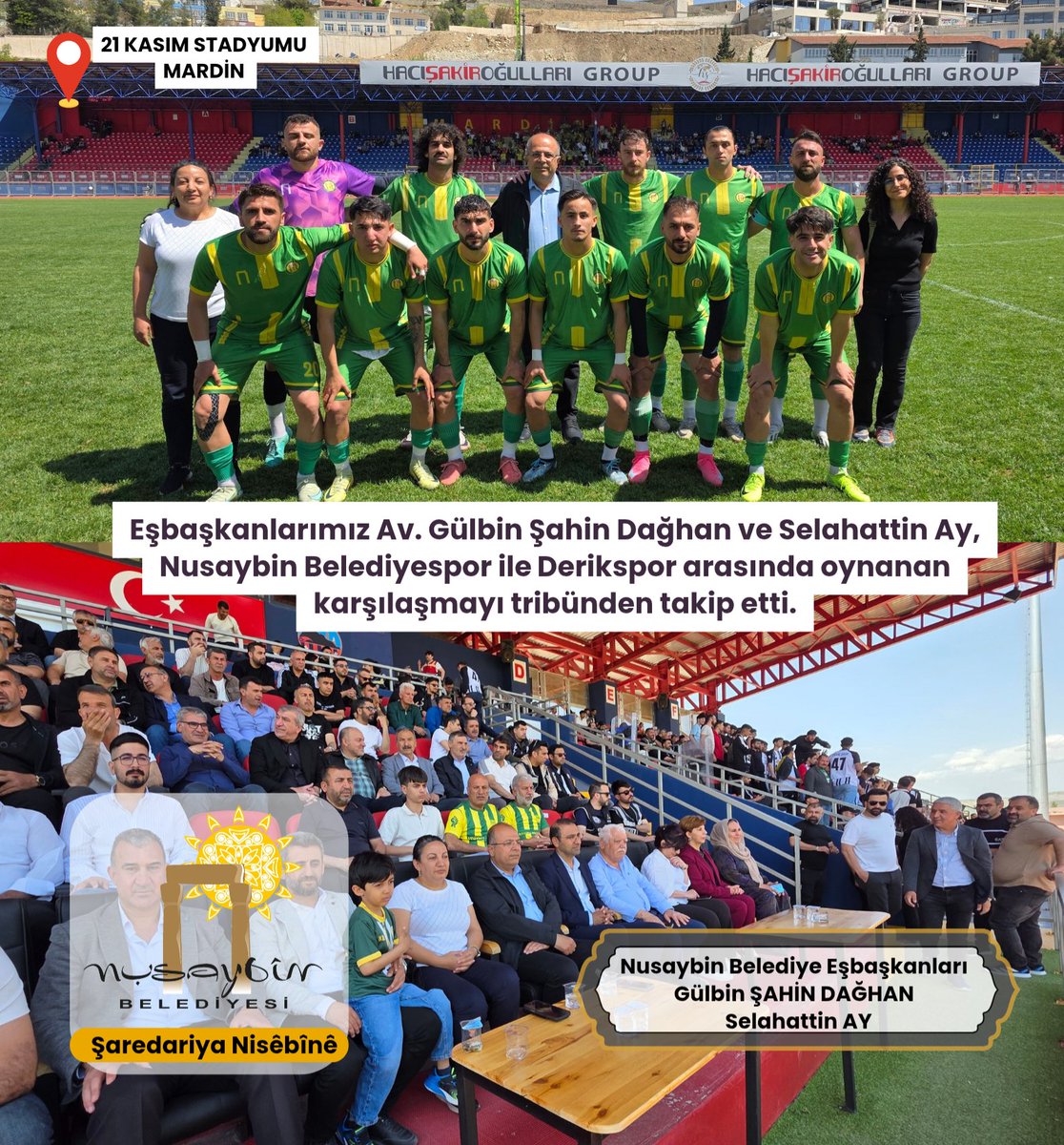 NusaybinBel's tweet photo. Eşbaşkanlarımız Av. Gülbin Şahin Dağhan ve Selahattin Ay, Nusaybin Belediyespor ile Derikspor arasında oynanan karşılaşmayı tribünden takip etti.

Karşılaşma öncesi ve sonrasında sporcularla bir araya gelen Eşbaşkanlarımız, centilmence mücadelelerinden dolayı her iki takımı da tebrik ederek sporun dayanışma, kardeşlik ve birlik ruhunu büyüttüğünü ifade etti.

Gençlerin sporla buluşmasının önemine dikkat çeken Eşbaşkanlarımız, her zaman sporun ve sporcuların yanında olmaya devam edeceklerini belirtti.