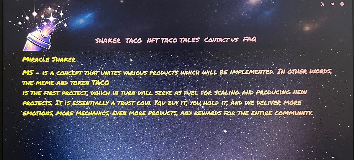 MiracleShaker's tweet photo. #Solana #MiracleShaker #TACO The website has been updated!
There’s still plenty of work ahead — the NFT TACO TALES and SHAKER tabs are not active yet. The main page will be expanded soon, and the header will be improved and finalized.🐔🥤 https://t.co/tesZSxurv4