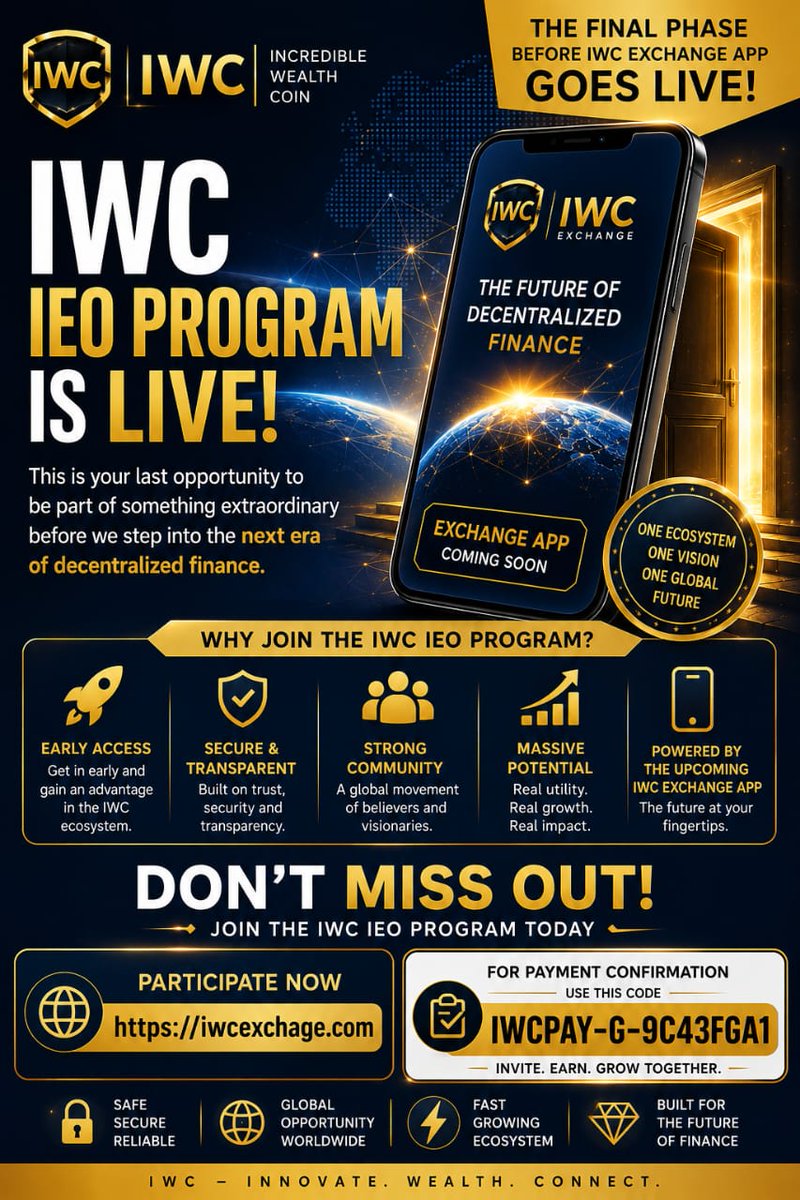 infoiwcexchange's tweet photo. *IWCEXCHANGE  OVERVIEW* 🚀
One of the greatest revolution in digital payments has just begun and it’s powered by Blockchain technology highly secured through (IwcExchange) Initial Exchange Offering (IEO)💎

This is not just another project it’s a movement. A global system built to redefine how people transact, earn, and grow in the Fintech and Web3 world. 🌍✨

💰 Early Participants are already positioning themselves for massive yield and greater value in returns Giving everyone 
🔥 Real utility, Real rewards, Real Value and Real results.

If you’ve been waiting for an opportunity with vision, power, and divine backing, then look No further, IwcExchange (IEO) and Gold Reserve Operations Investment (AUX) is LIVE — and history is made right now. 🕊️

 *Who We are* IwcExchange is a unique ecosystem design to create boundless opportunities and wealth, giving everyone access to full control  of your everyday financial life style with a fully non-custodial decentralized wallet built right into the app. Your keys, your crypto your financial privacy control.

With IwcExchange, users can easily buy, manage, and store digital and Fiat assets in a highly secure, user-friendly environment.

Our goal is to bridge the gap between cryptocurrency and everyday financial needs by providing an all-in-one solution for digital payments and wealth growth. Security is our top priority—we use advanced protection systems to ensure that all user accounts and transactions are safe and reliable.

 *Trading Features* 
✅(P2P) IWC, BTC, BNB, ETH, USDT FIAT.
✅Spot Trading 
✅Futures Trading 
✅Staking
✅MT4/MT5 Trading 
✅Copy Trading and so much more..

⛏️ *Gold Backing* IwcExchange Liquidity pools and the base token incredible wealth coin (IWC) will be dully Backed by Real time Gold, ensuring value sustainability and investment security against high volatility market fluctuations.

🏯 *Gold Yield Vault:* IwcExchange is offering unlimited opportunities to everyone earning a yield payout frequency of (1.25%) - (1.50%) - (2.00%) returns
Bridging digital assets with real-world value. Invest in our gold reserve operations and earn consistent, automated yields.

 *Utility:*
 IwcExchange offers all in one simple and easy to use everyday basic necessity utilities with a friendly easy to navigate user interface for both professionals and beginners, 

Beyond cryptocurrency, Iwc Exchange is offering powerful fiat and utility services giving you the freedom to do it all in one place.

 *Global Transfers* 
 Send and receive money globally to any country of your choice.

 *Airtime & Data* 
 Purchase mobile data and airtime instantly across all networks.

 *Digital Subscriptions* 
 Subscribe seamlessly to digital platforms like Netflix and more.

 *Cable TV* 
Pay for cable TV subscriptions directly from your crypto balance.

 *Education Services* 
Pay for educational services and tuition securely and quickly.

 *Bill Payments* 
Settle everyday utility bills without needing a traditional bank.

 *Visit*👉 IwcExchange WebApp Version link below for more info 👇👇👇👇👇👇👇

🌍👉 https://t.co/UgiEjGifE5

Referral code: IWC - 6

Follow our official X Handle
👉https://t.co/0ETTqFZqyW

Follow our official Facebook 
👉 https://t.co/Bt3gutwHui
Join our Telegram Official Channel 👉https://t.co/v1P3DZliSq
👉https://t.co/Y0cmgQbkta 

contact us 👇👇👇👇 support@iwcexchange.com

Referral code: IWC - 6

 *You can also download and install IwcExchange App Directly from the Web Home page.*
