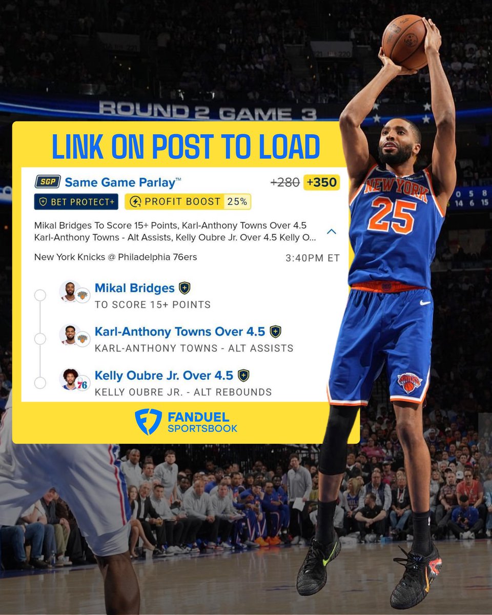 DanGambleAI's tweet photo. 🔥🏀 +350 Knicks @ 76ers G4 SGP

👉 Load here: https://t.co/4CUgNlcNrH

Using my 25% profit boost on FanDuel and Bet Protect+ for full-game injury insurance!

21+, gamble responsibly. https://t.co/fAp7MNvmAY