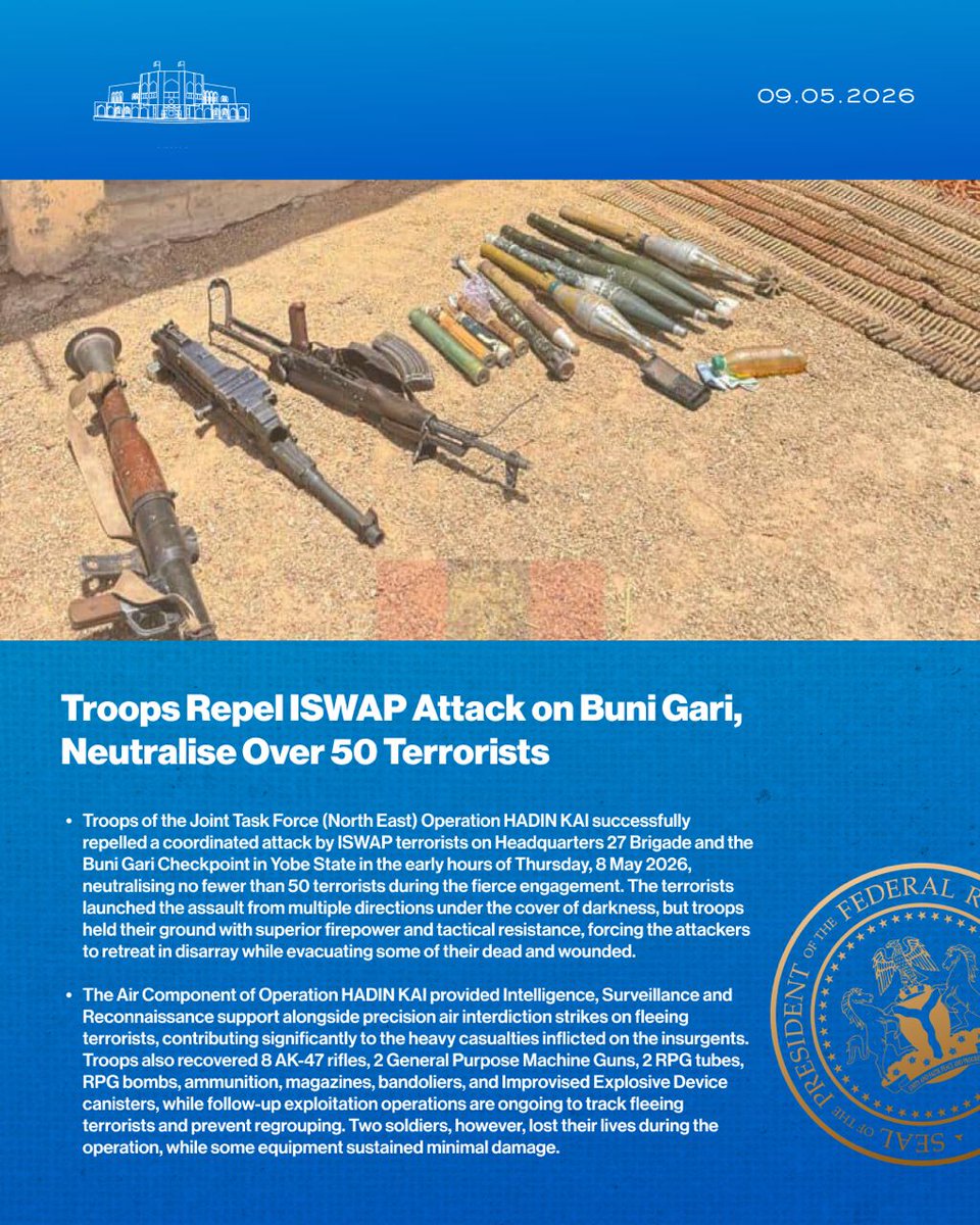 gboyeh's tweet photo. Troops Repel ISWAP Attack on Buni Gari, Neutralise Over 50 Terrorists

#RenewedHopeAgenda
#PresidentTinubu
#StatehouseDigital https://t.co/RdMf4gvJVT