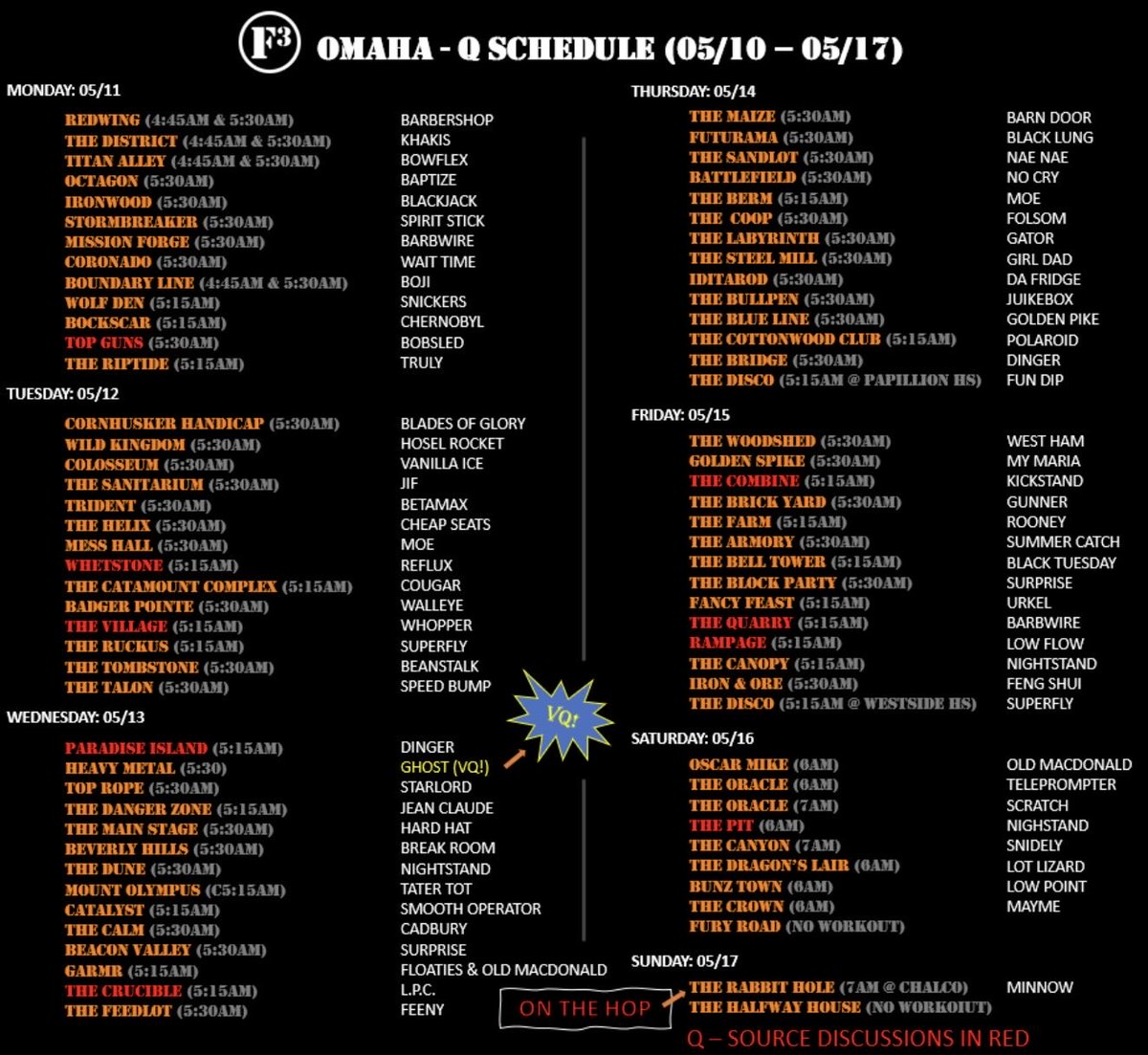 F3Omaha's tweet photo. 🚨 WEEK OF 5/10 Q SCHEDULE! 

VQ: Ghost @f3_heavymetal 

On The Hop @F3_RabbitHole (@ Chalco)

5/16 Heart Walk ❤️ @F3Omaha3rdF 

#GTE June 5-7 💪🎒

#FreedToLead https://t.co/QVf67dDaZd