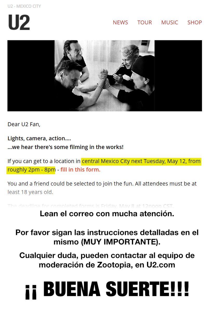 u2mexico's tweet photo. Las notificaciones para aquellos que fueron seleccionados para ir al evento del próximo martes estan empezando a ser enviadas.
No se alarmen si no aparece inmediatamente en su correo - podrian recibirlo a lo largo del dia SUERTE A TODOS!!!
#U2 #Mexico #U2Fans #U2com #U2Mexico https://t.co/Pe5LvBxzOL