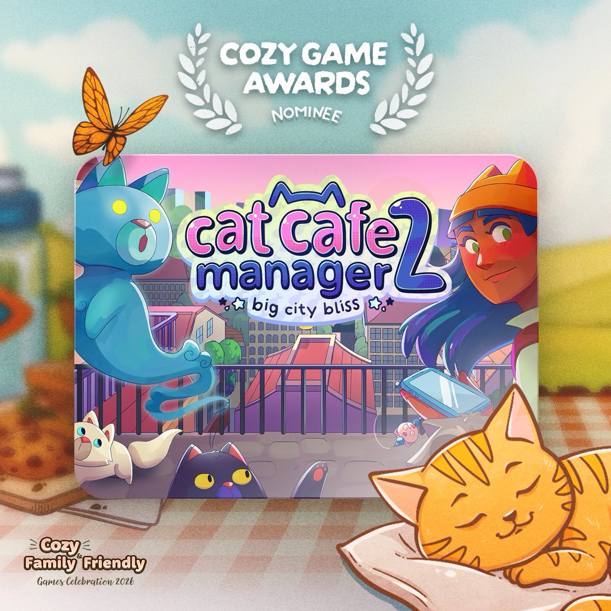 roostgames's tweet photo. 💗🐱“Cat Cafe Manager 2: Big City Bliss” has been nominated for the Cozy Games Awards 2026 in the 'Most Anticipated Game' category!! 

Voting is open until tomorrow, so please support us tonight! ✨💗 

👇Link below🫶 https://t.co/c25CD3ELUc