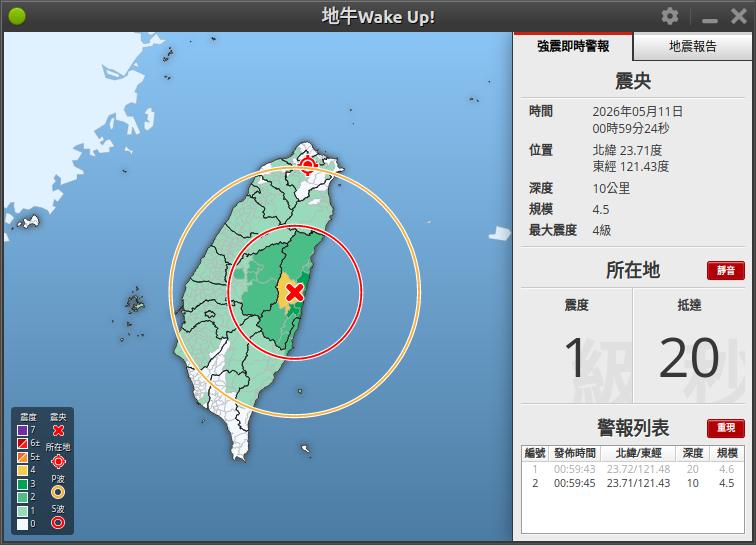 wakeupTW's tweet photo. 台北預估震度 1 級
2026-05-11 00:59:46 (UTC+8)
#地震 #地震速報 #台灣 #earthquakes #Earthquake #Taiwan https://t.co/wwsJqnLIwg