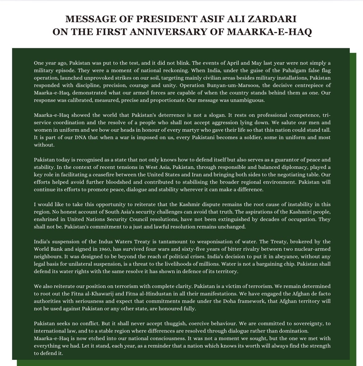PakInBirmingham's tweet photo. Message of President Asif Ali Zardari on the first anniversary of Marka-e-Haq . 
10th May 2026
@PresOfPakistan 
@GovtofPakistan 
@ForeignOfficePk 
@PkPublicDiplo https://t.co/wMSKnvL7Uq