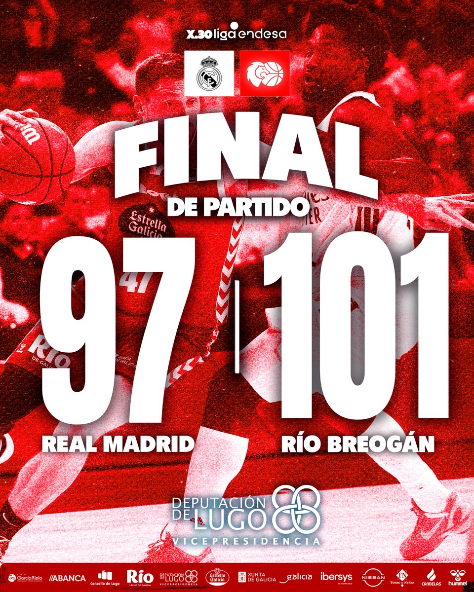 𝗙𝗜𝗡𝗔𝗟 𝗗𝗢 𝗣𝗔𝗥𝗧𝗜𝗗𝗢

SI, SI, SI! O RÍO BREOGÁN VENCE AO REAL MADRID! ESPECTACULAR ENCONTRO DO EQUIPO! GRANDES! 🔥

⚪ <a href="/RMBaloncesto/">Real Madrid Basket</a> 9⃣7⃣
🔴 RÍO BREOGÁN 1⃣0⃣1⃣

🏀 X30 @acbcom
📍 Movistar Arena
📺 @dazn_es

#ADeputaciónDeLugoCoDeporte #ForzaBreo