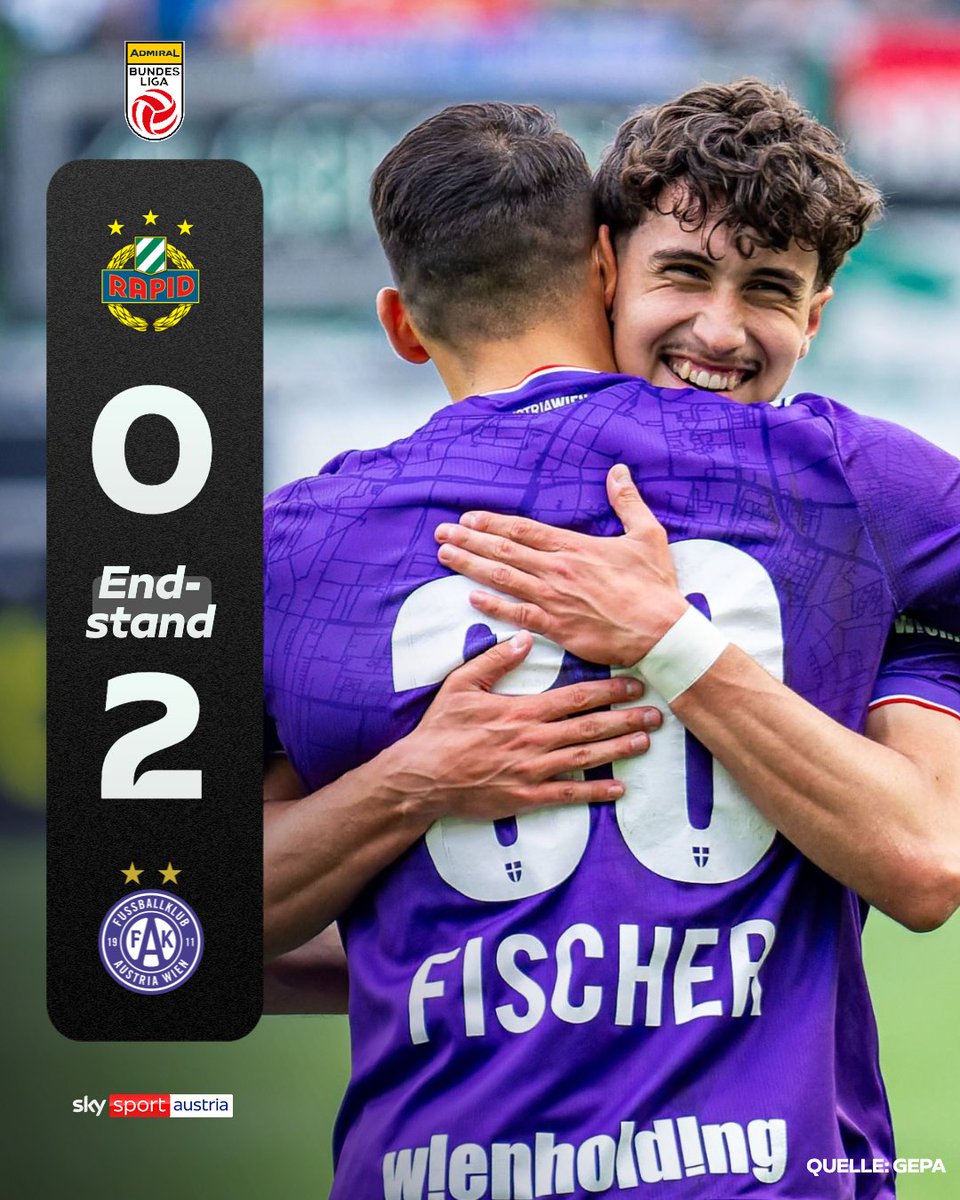 SkySportAustria's tweet photo. Austria überholt Rapid mit Sieg im 350. Wiener Derby! ⚽🟣
👉 https://t.co/lP41cDdAHZ
#SkyBuliAT #WienerDerby #SCRFAK #Runde31 https://t.co/zQubZZfDYu