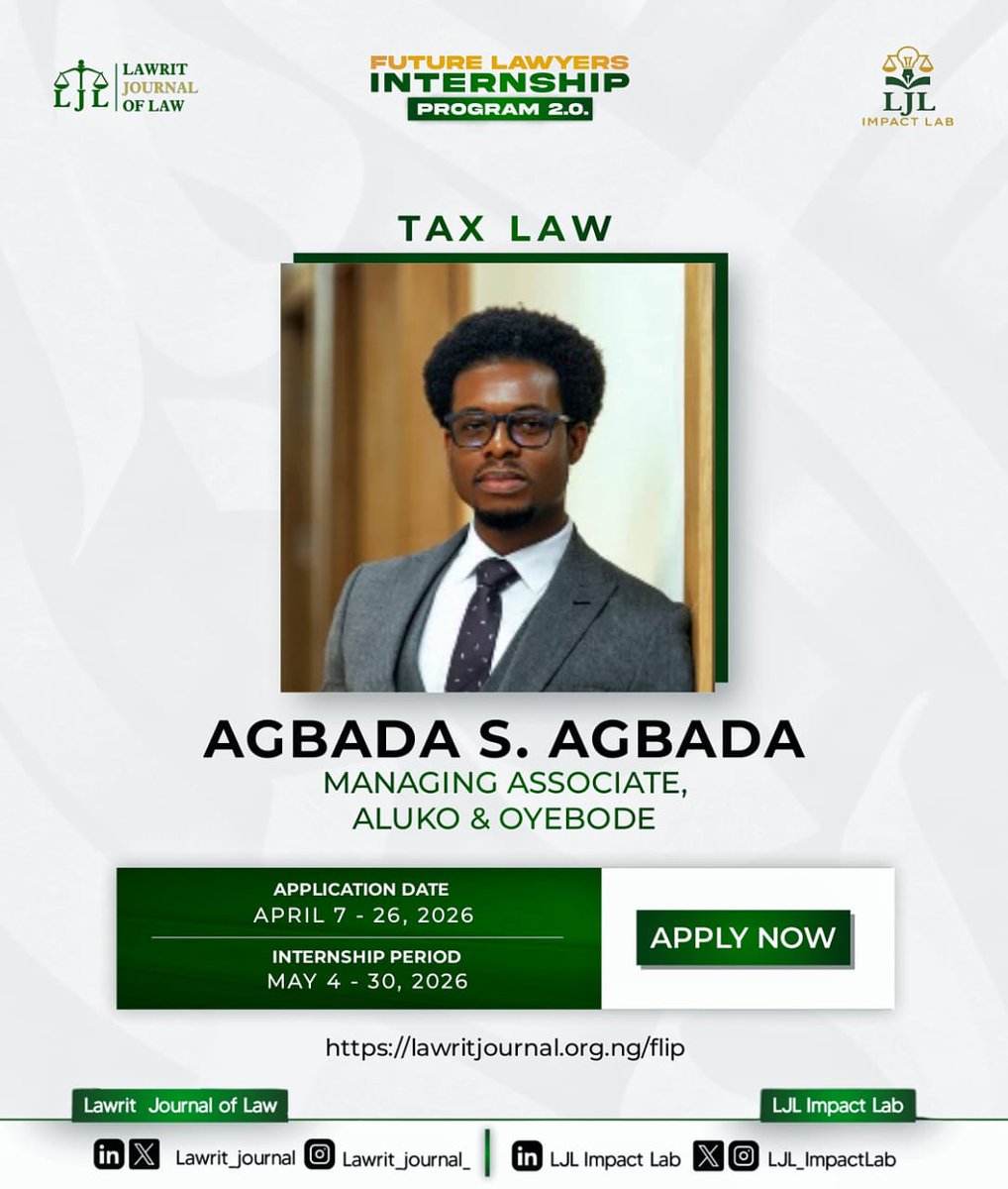 LJL_ImpactLab's tweet photo. MEET OUR FACILITATOR: TAX LAW

We are excited to introduce Agbada Agbada, as a facilitator at FLIP 2.
Managing Associate at Aluko&amp;Oyebode, he brings extensive experience in tax advisory, litigation, and complex tax disputes across Nigeria’s legal system.
#FLIP2 #Tax #LJLImpactLab https://t.co/IIeudzNwc2