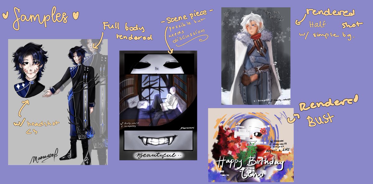 Manawari_Raya's tweet photo. HEY YOU! DO YOU WANNA COMMISSION SOMEOME?! ME IM AVAILABLE!
Dearest lovelies of mine, I advertise my commissions! You can DM me here, tumblr, or TikTok!
Hehehe :3 oh and that’s my oc
#commissions #utaus #undertale https://t.co/Lu3Zj1P6TN