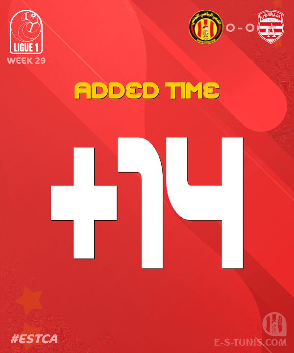 ESTuniscom's tweet photo. ⏱ 90'+1 | #Ligue1Tn🇹🇳 Week 29 #ESTCA | @ESTuniscom 0⃣-0⃣ #ClubAfricain : ⏱ Added Time +14 / وقت بدل ضائع +14 / Temps additionnel +14 https://t.co/xWCy6P2ReV