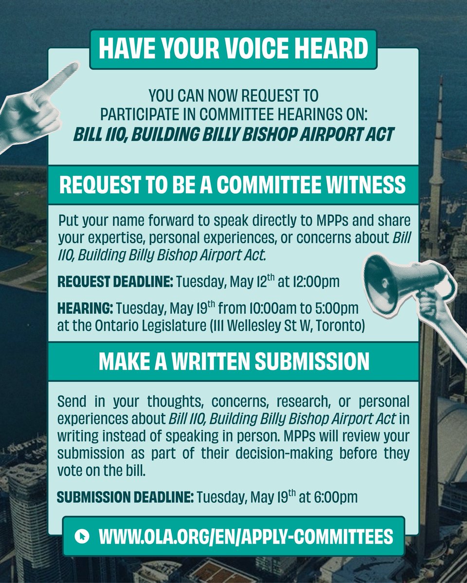 chrisglover's tweet photo. Now that Bill 110, Building Billy Bishop Airport Act as gone to committee, you can have your voice heard on the future of the bill. 📢

Request to be a committee witness on Tuesday, May 19th from 10:00am to 5:00pm or make a written submission by 6:00pm on that date by going to https://t.co/xIB5Vr7pLR.

The deadline to request to be a witness is Tuesday, May 12th at 12:00pm so hurry to apply if you're interested!

If you need help with your application, please email my Queen's Park office at cglover-qp@ndp.on.ca.

#ONpoli