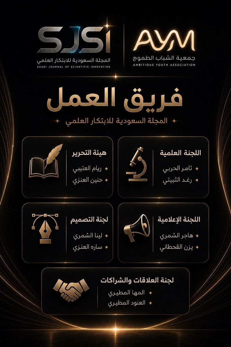 aymk_sa's tweet photo. نعلن عن فريق عمل المجلة السعودية للابتكار العلمي SJSI التابعة لجمعية الشباب الطموح.
بفريق طموح يقود رحلة الابتكار والإبداع العلمي 
#AYM
#SJSI
#جمعيه_الشباب_الطموح https://t.co/p4qjjQhIvQ