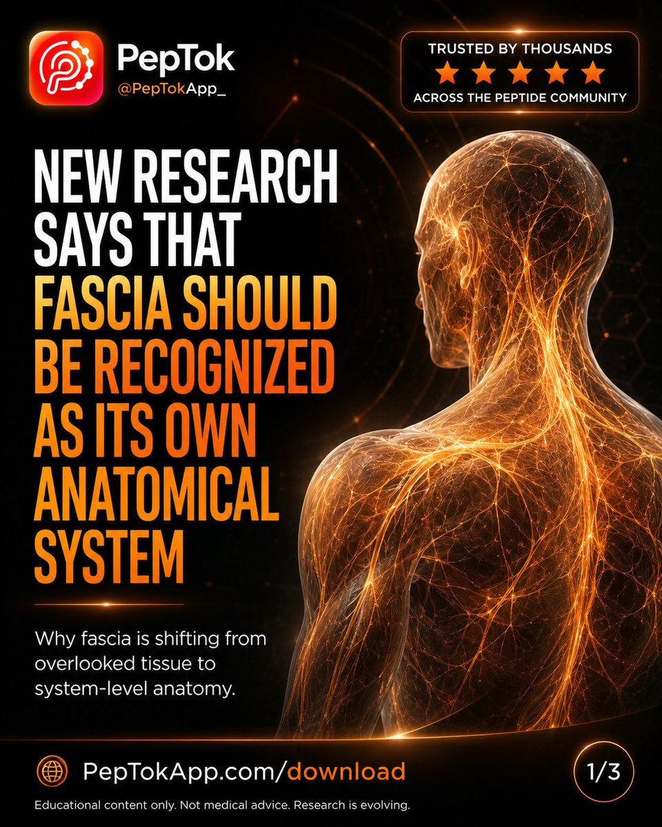 Peptok_'s tweet photo. Fascia Is Finally Getting Recognized

For decades, fascia was treated like biological packing material.

Now, new anatomy research is pushing a bigger conversation: fascia may be better understood as its own body-wide anatomical system connecting muscles, organs, nerves, bones, movement, pain, rehab, and recovery.

This doesn’t mean every claim around fascia is settled. It means the framework is evolving.

The body is not a collection of isolated parts. It’s a connected system.

Learn. Track. Stay informed.
https://t.co/a2mlVIqcXC

Educational content only. Not medical advice. Research is evolving.

#fascia #anatomy #peppers #biohacking #longevity