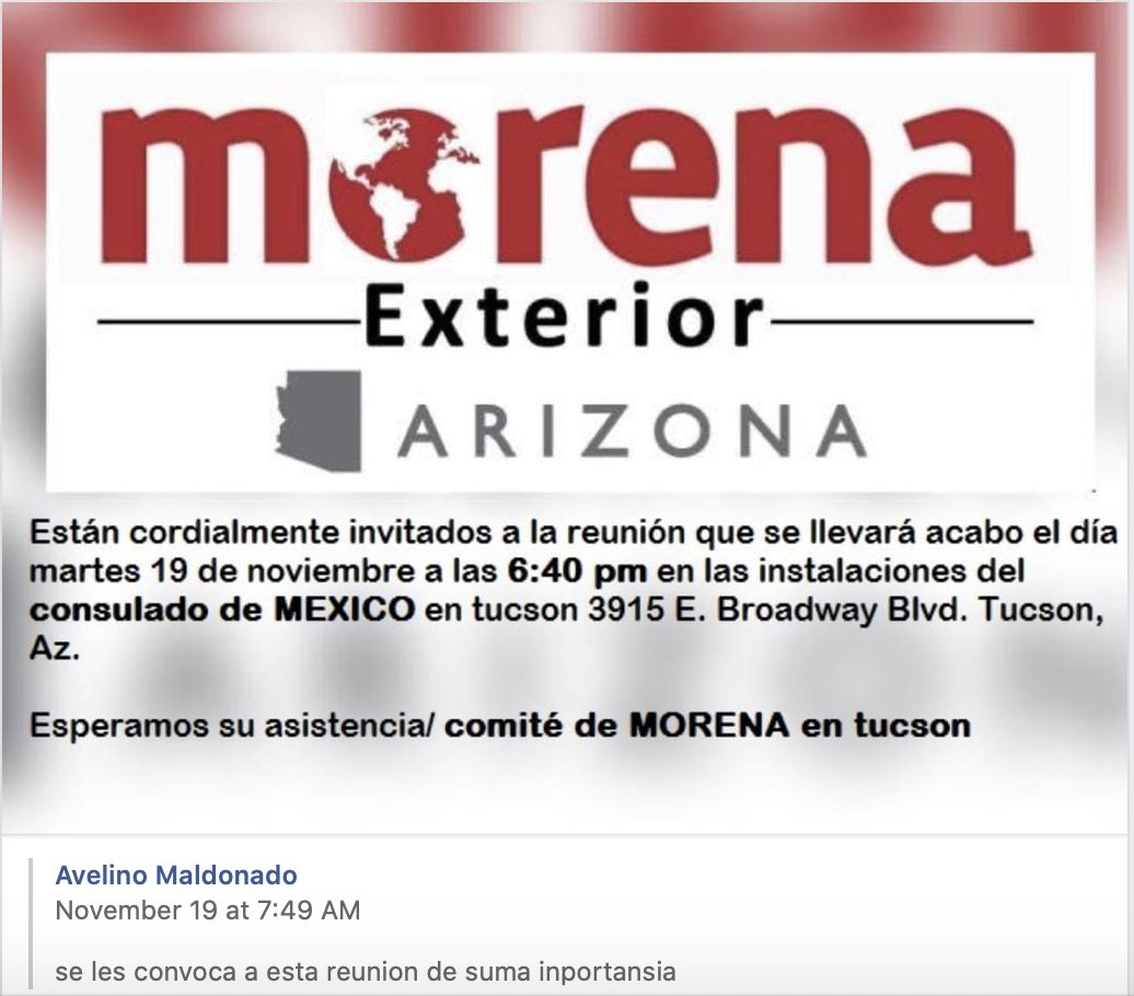 DoliaEstevez's tweet photo. Miren esto. Ocurrió en 2019/20. Primera señal alarmante del uso y abuso de los consulados para hacer política en EEUU. Guillermo Rivera, el infumable cónsul de Tucson, usó la sede del consulado en 3915 E Broadway Blvd para realizar reuniones con militantes morenistas. 1/ https://t.co/yiP2eew89X