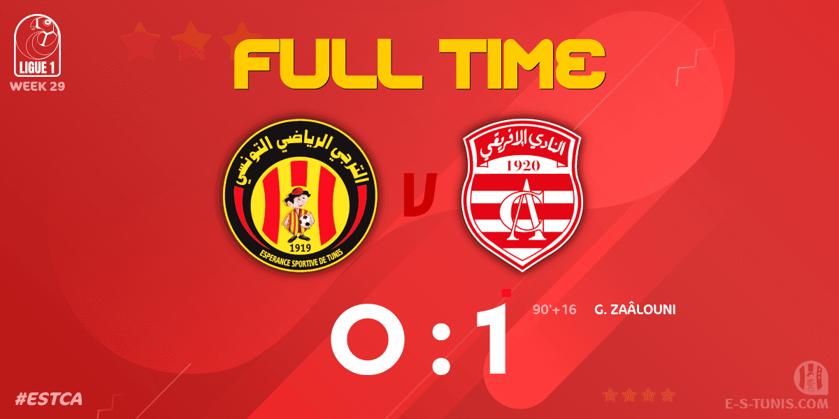 ESTuniscom's tweet photo. ⏱ FT | #Ligue1Tn🇹🇳 Week 29 #ESTCA | @ESTuniscom 0⃣-1⃣ #ClubAfricain : End of the match / نهاية المباراة / Fin du match https://t.co/ij1DjamAM6