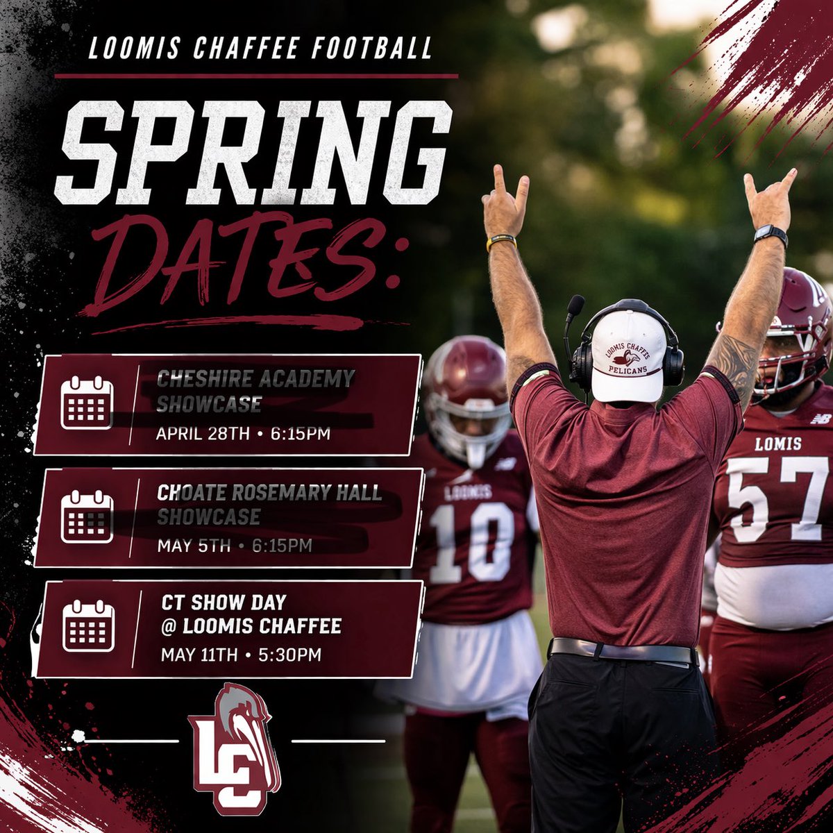LoomisFootball's tweet photo. 🚨Coaches🚨
 Looking forward to seeing you tomorrow at 5:30pm to eval our guys. We have prospects for every level from the classes of 2027-2029 https://t.co/NqF3wT6O0M