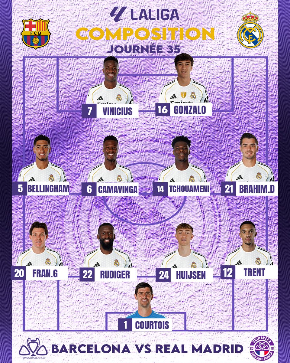 PrimaveraFansFR's tweet photo. Notre XI de départ 🆚 Barcelona 

Hala Madrid y Nada Más !🤍💜

#primaverafans #primaverablanca #gradafans #gradarmcf #realmadrid #rmcf #laliga #realMadridfrance https://t.co/7D3OgrSEae