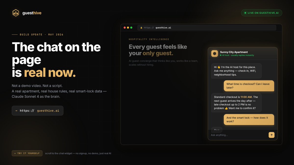 GuestHiveAI's tweet photo. The chat on https://t.co/yqGr6GlZgD is real.
Not a demo video. Not a script. A real apartment, real house rules, real smart-lock data — Claude Sonnet 4.5 as the brain.
Scroll down to the chat. Ask it anything.
→ https://t.co/yqGr6GlZgD https://t.co/lqLJ0zM8dn