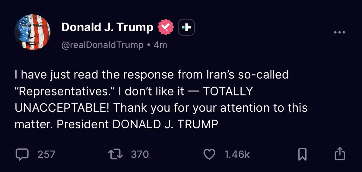 SOU_BTC's tweet photo. 【速報】🇺🇸トランプ大統領：

私はたった今、イラン側のいわゆる「代表者たち」からの返答を読んだ。

気に入らない——完全に受け入れ不可能だ！ https://t.co/MdoYdZ34r2