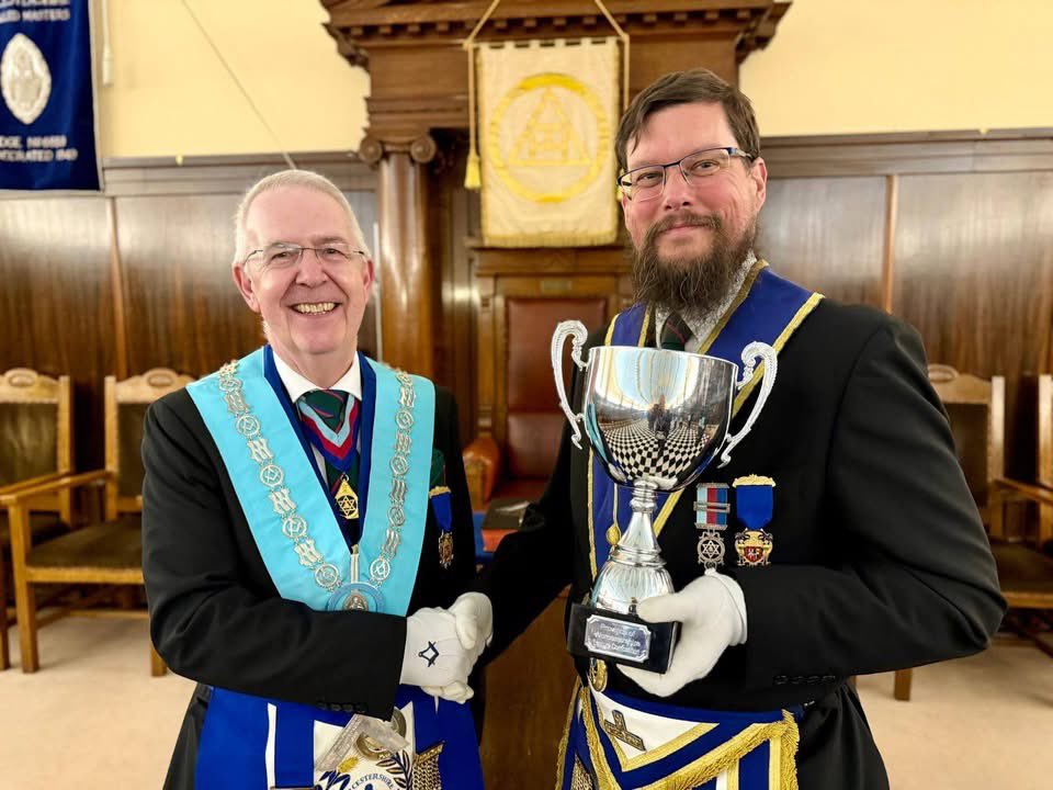 WorcsMasons's tweet photo. At the recent meeting of Installed Masters’ Lodge no. 6889, the Lodge Master, Stephen Weyer, who is also the head of Worcestershire Freemasons, presented the silver cup to Neil Crabbe who was the winner of the Lecture Competition with his  lecture, ‘Carve mark and Engrave’ https://t.co/lfsL1DEAFZ