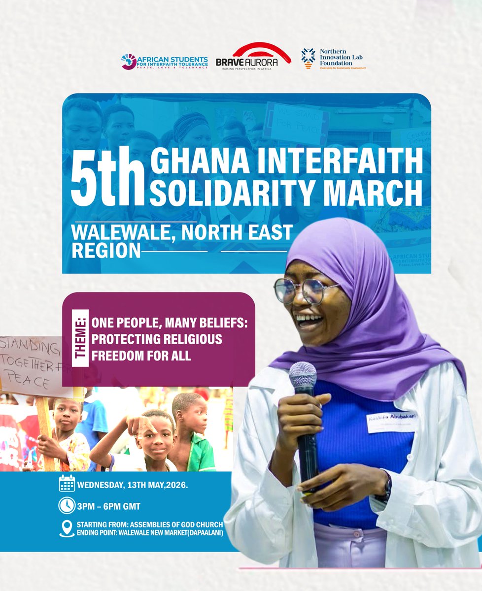asfitnetwork's tweet photo. 📢 WALKING FOR UNITY! 🇬🇭

Join ASFIT, Brave Aurora, &amp; NILF for the 5th Ghana Interfaith Solidarity March in Walewale!

Theme: "One People, Many Beliefs: Protecting Religious Freedom for All".

Let’s stand against religious hatred &amp; promote peace! 🕊️

#InterfaithSolidarity #Ghana https://t.co/VPh0qXWeoT