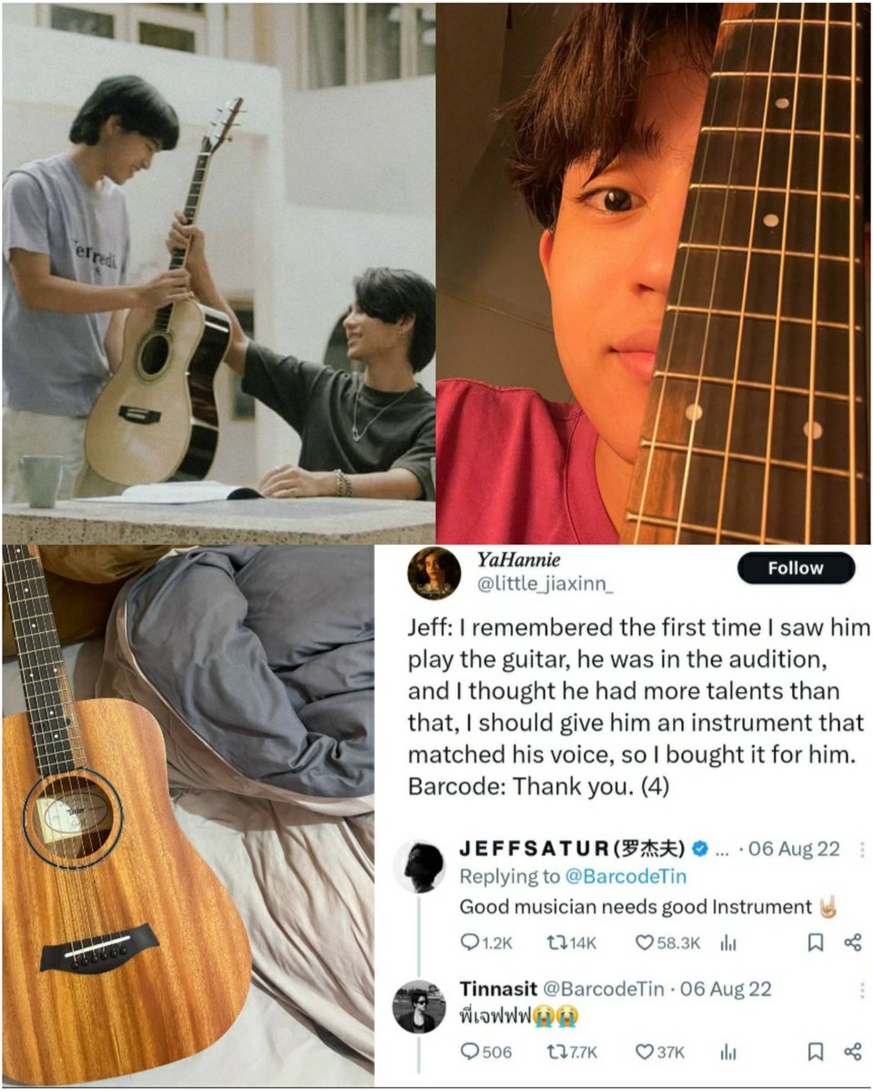 sunflowertin's tweet photo. In Kinnporsche,
 kimhan gave porchay a guitar
and in real life, jeff gave barcode a guitar too.🎸

In Woojubakery, 
raon and wooju played the piano together
and in real life, jeff and barcode played the piano together too. 🎹

///😭🥹 
#jeffbarcode #jeffsatur #barcodetin https://t.co/PZoPyKWvbq