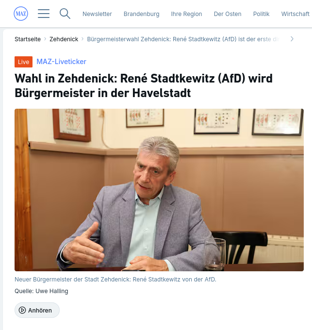 huberzwitschert's tweet photo. Der erste hauptamtliche AfD-Bürgermeister Brandenburgs wurde heute gewählt: René Stadtkewitz darf ab sofort die 13.000-Einwohner-Stadt Zehdenick im Landkreis Oberhavel regieren.

Herzlichen Glückwunsch und Gottes Segen bei der Mission! https://t.co/u4mp3wmg9C